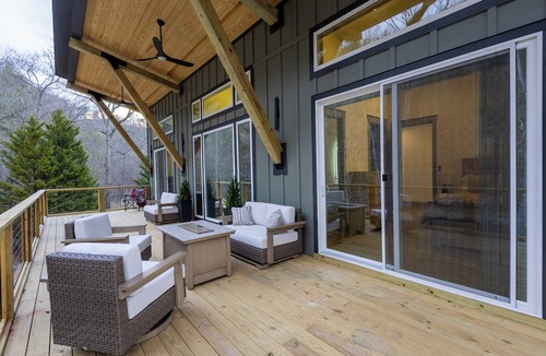 Talking Rock House | Modern Riverfront Cabin Hot Tub Deck Views