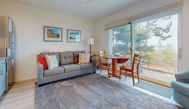 Desirable beachfront condo in Glen Arbor with patio, fireplace, kitchenette & AC