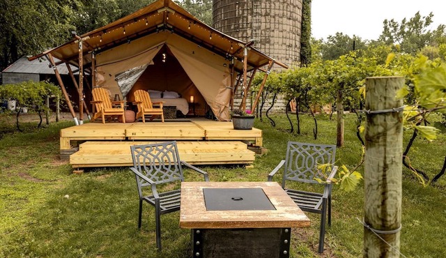 Rustic Vineyard Glamping Tent with Wine Tastings near Lakes and Trails in Currie, Minnesota